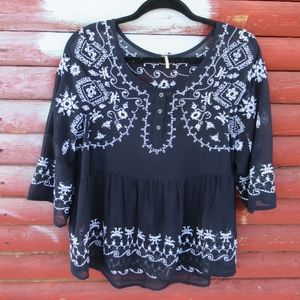 Free People Navy Blue and White Embroidered Top